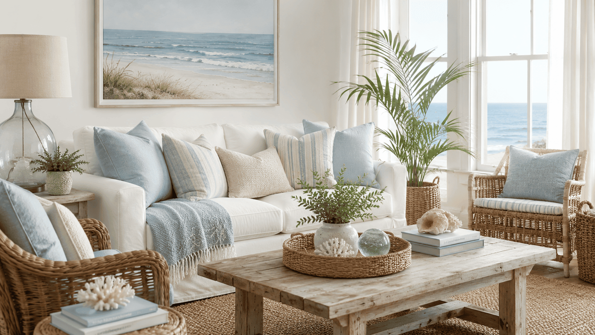 soft coastal color palette featuring beige cream pale blue and muted green tones with natural textures