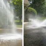 Pressure washing green siding and concrete driveway under bright sunlight