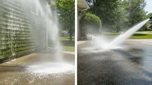 Pressure washing green siding and concrete driveway under bright sunlight