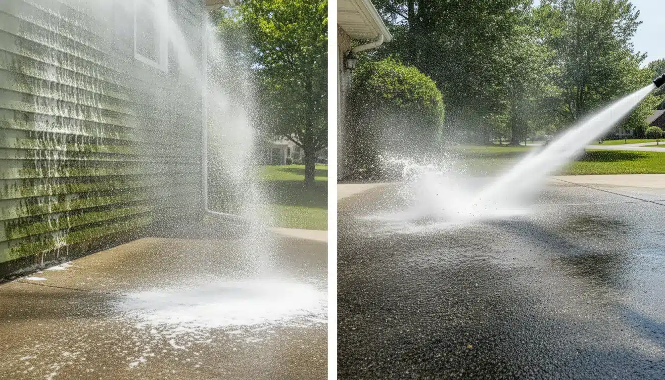 Pressure washing green siding and concrete driveway under bright sunlight