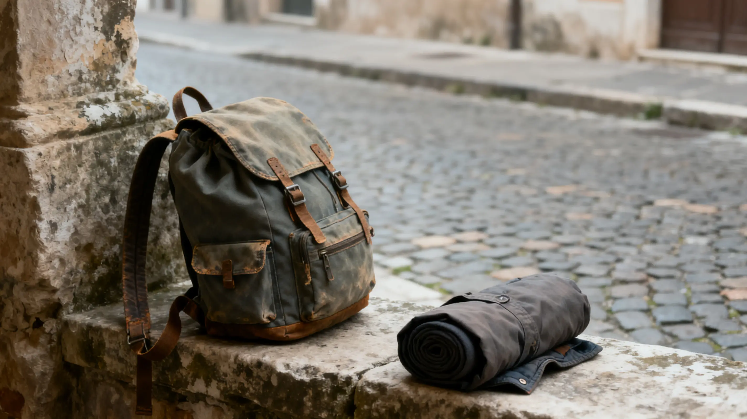 Worn canvas backpack and rolled-up jacket on stone ledge beside cobblestone street