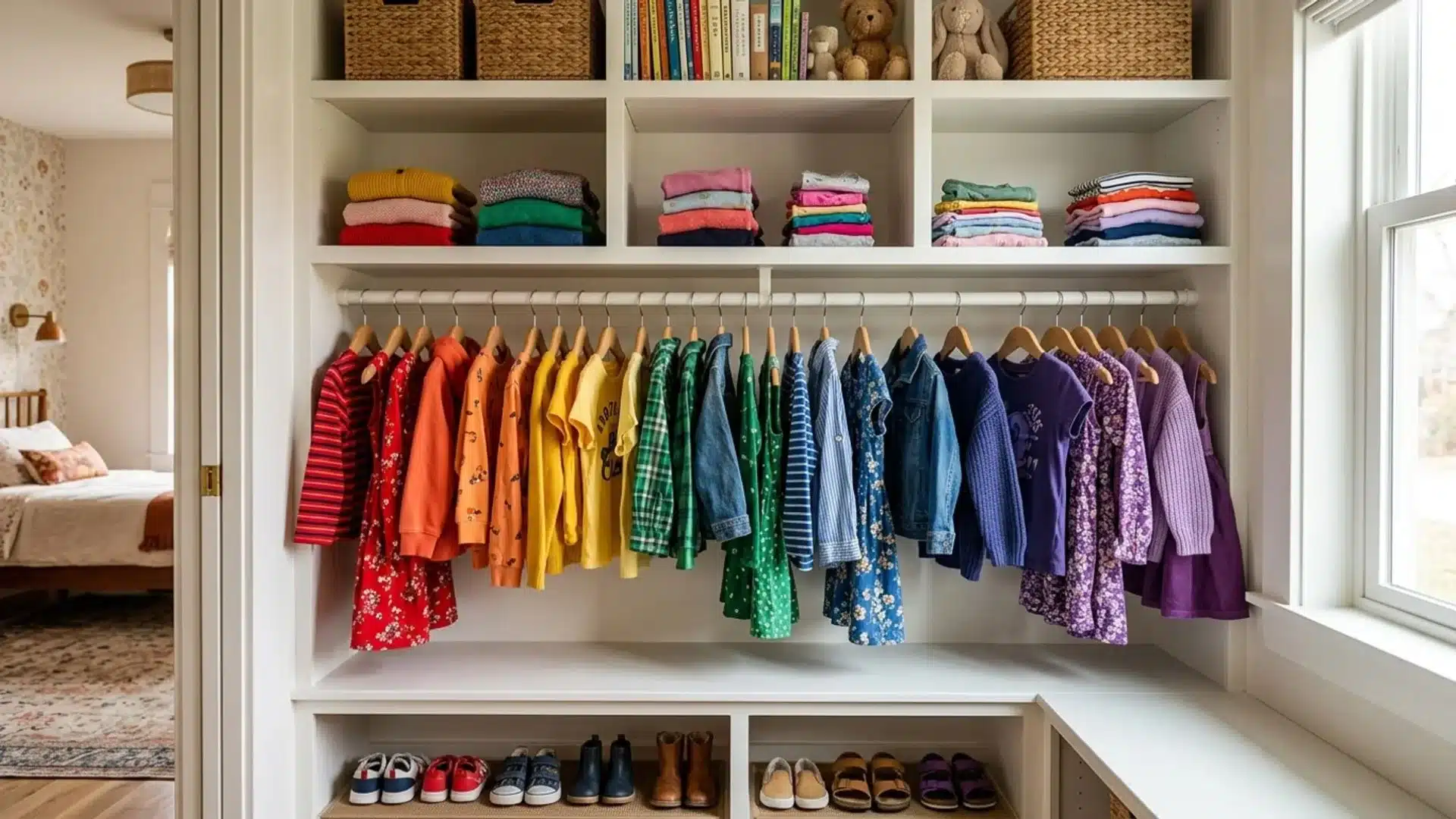 open kids closet with rainbow sorted clothes on a hanging rod, folded stacks on shelves, shoes below