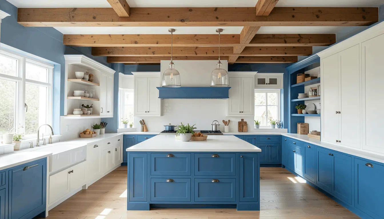 spacious blue and white kitchen with large island exposed wood beams open shelving and bright natural light (1)
