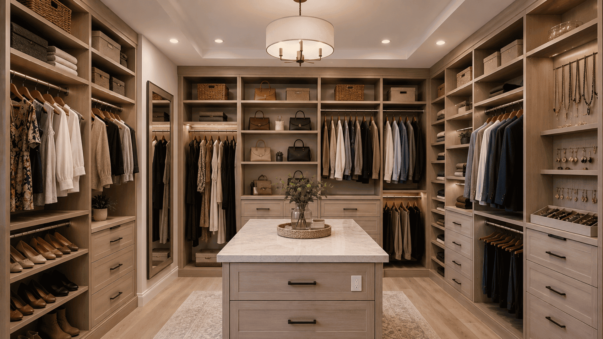 spacious walk in closet featuring central island custom shelving drawers and organized storage zones