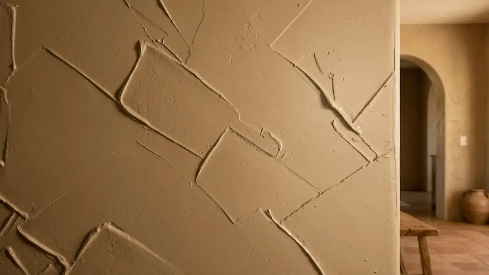 spanish knife wall texture with thin irregular compound strokes and exposed base in a warm mediterranean interior