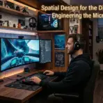 Man wearing headphones gaming at a desktop setup in a cozy digital nook with neon sign