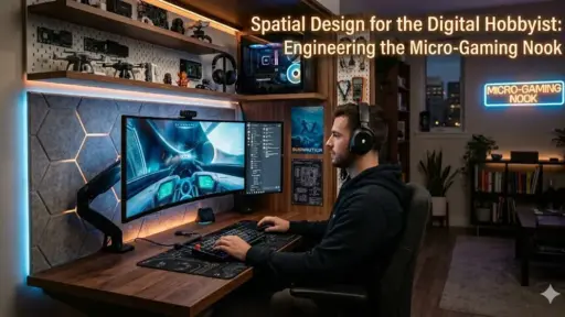 Man wearing headphones gaming at a desktop setup in a cozy digital nook with neon sign