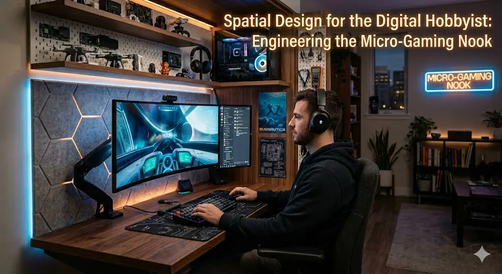 Man wearing headphones gaming at a desktop setup in a cozy digital nook with neon sign