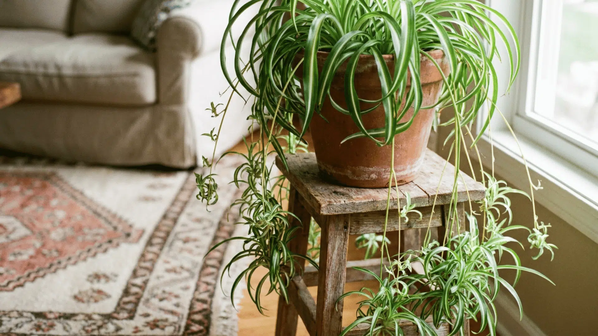 spider plant bonnie with spiderettes on a plant stand