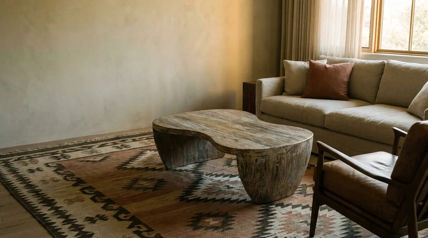 Rustic wood coffee table on patterned rug in cozy living room with beige sofa and armchair