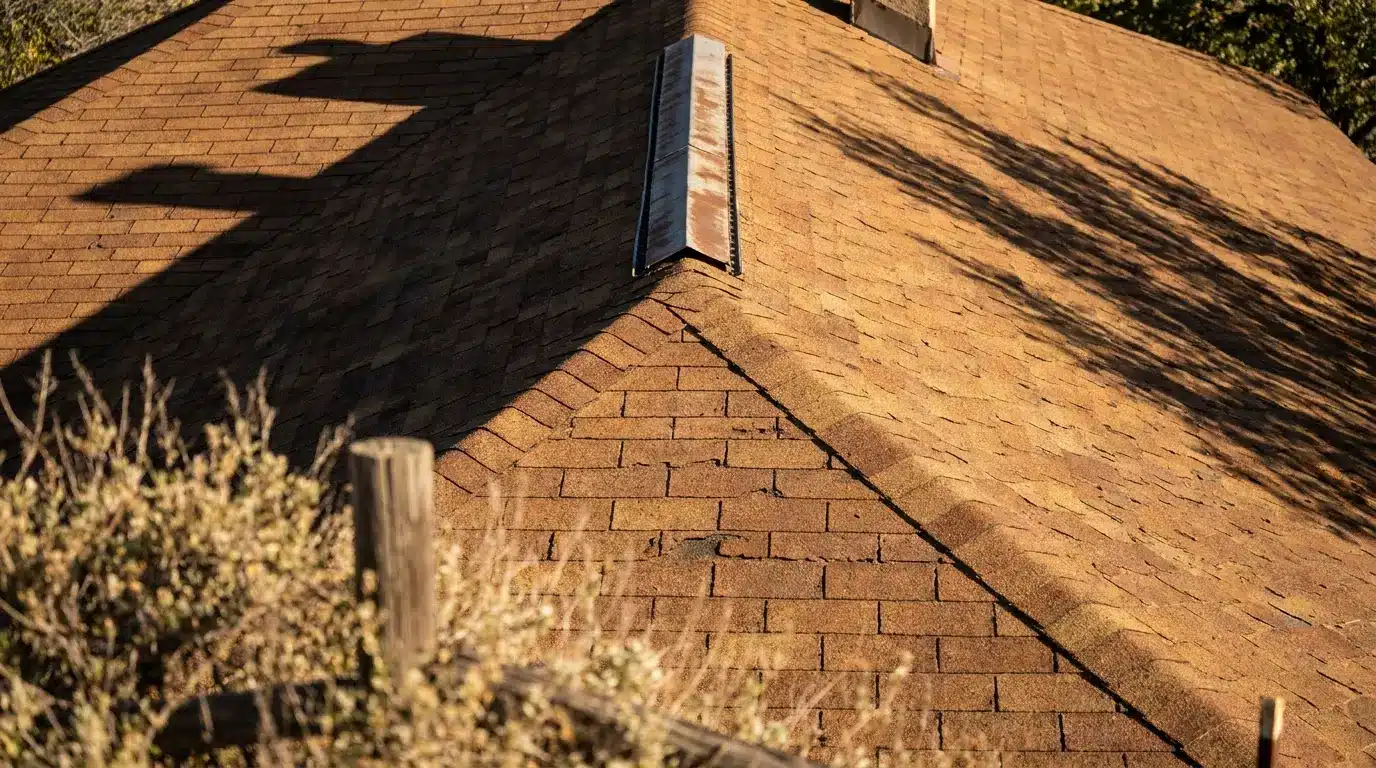 Brown asphalt shingle roof with ridge vent under warm sunlight and shadows of trees