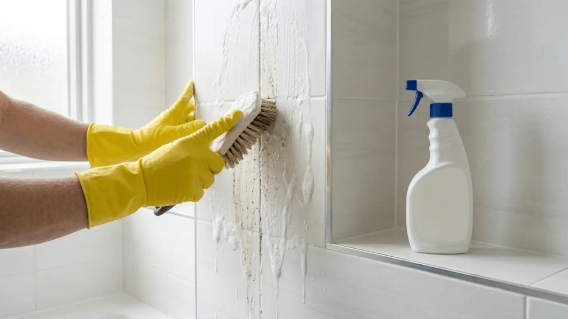 hands in rubber gloves scrubbing bathroom wall tiles and grout lines with a stiff brush