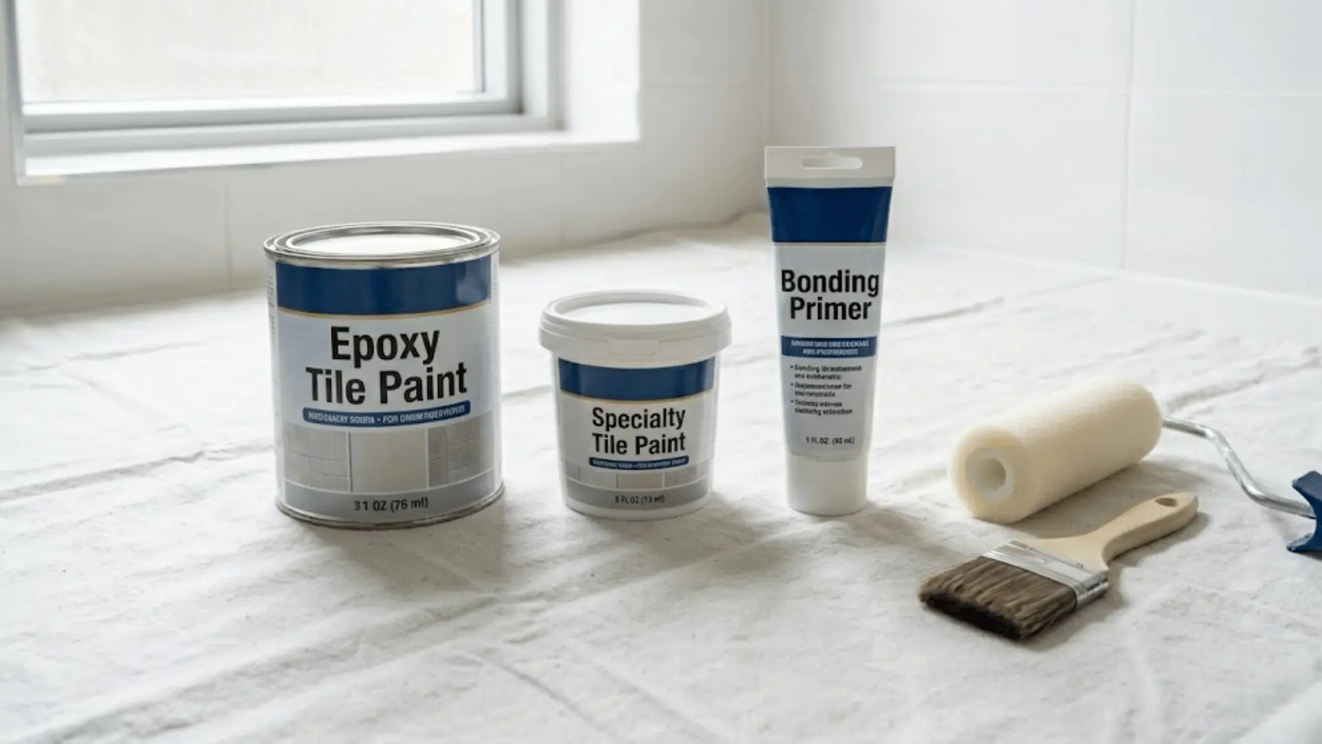 epoxy tile paint, specialty tile paint, and bonding primer laid out on a white drop cloth