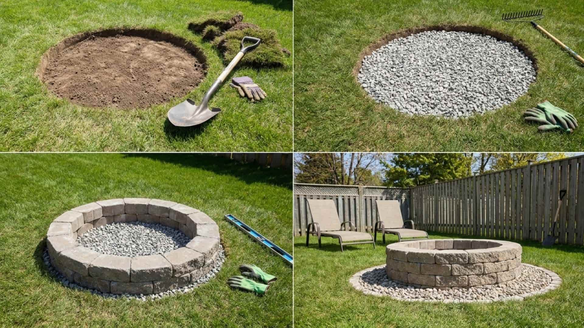 Step-by-step DIY fire pit installation showing backyard excavation, gravel base setup, stone block assembly, and finished circular fire pit design. (1)