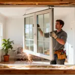 Worker installing window frame into wooden wall with toolbelt in sunlit room