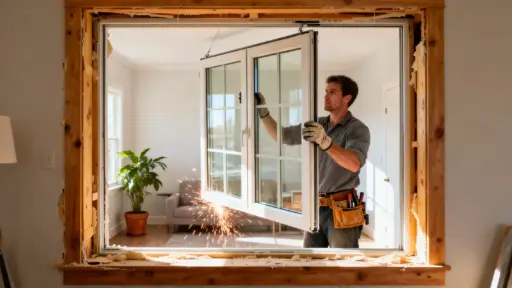 Worker installing window frame into wooden wall with toolbelt in sunlit room