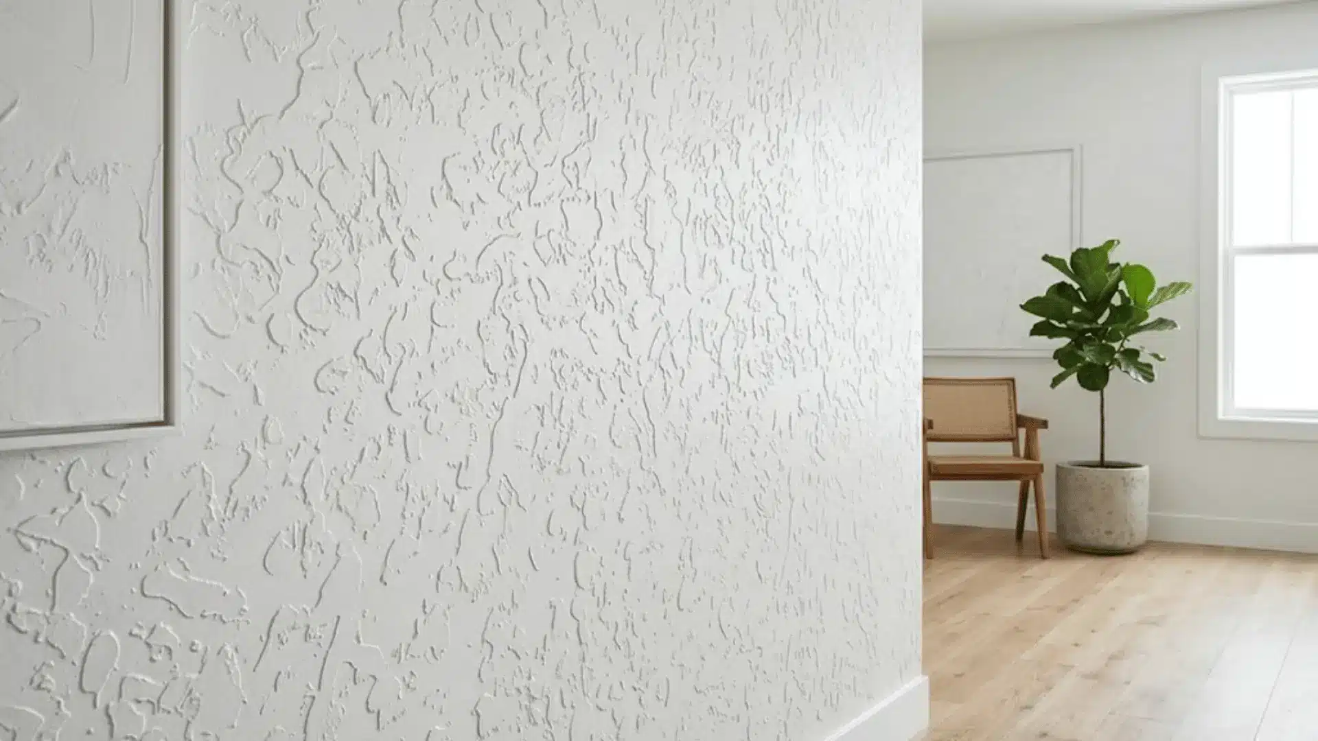 stomp knockdown wall texture with clustered irregular peaks and trowel-flattened crowns painted in matte white