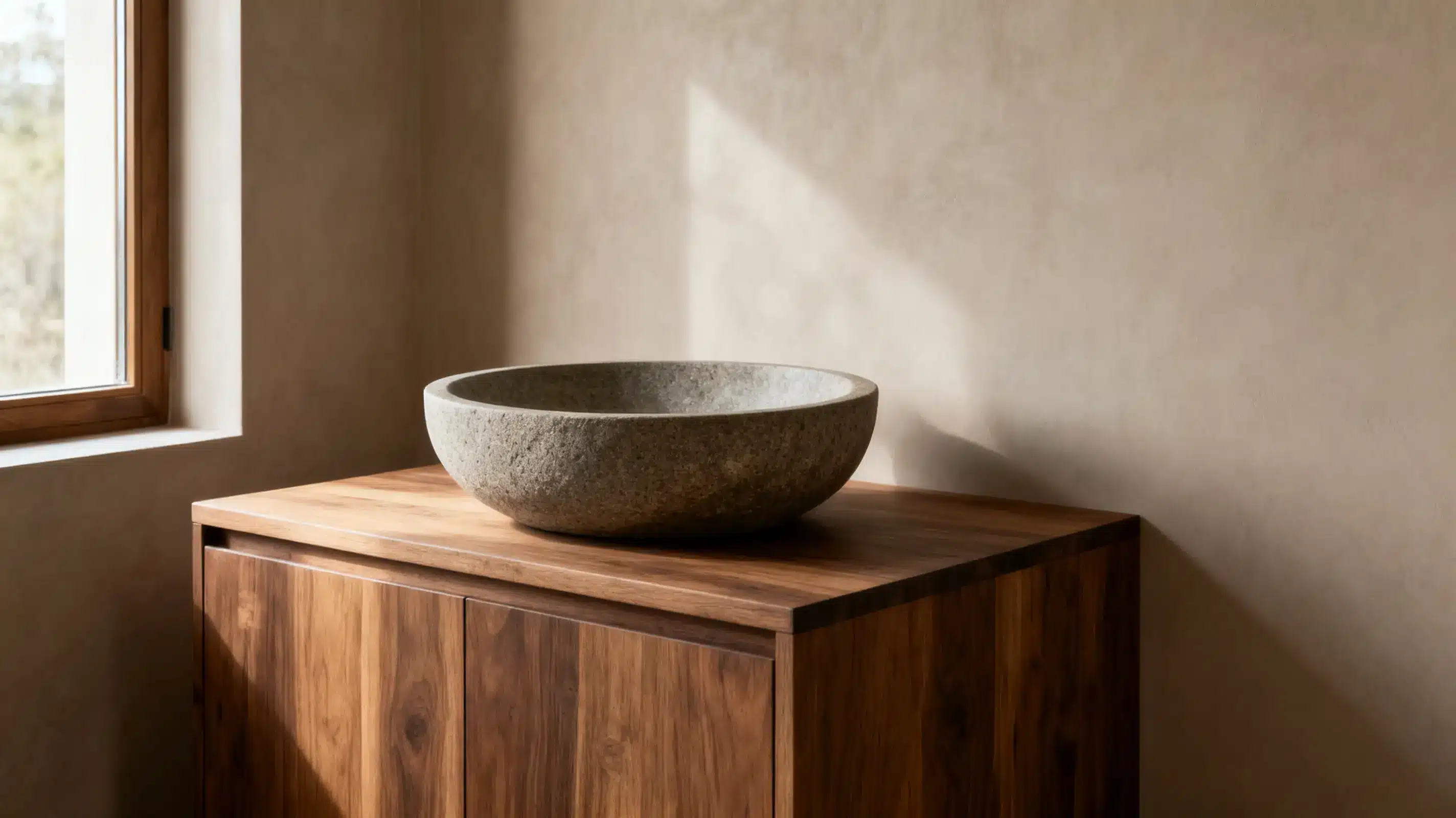 Stone basin on wooden cabinet in sunlit minimalist interior