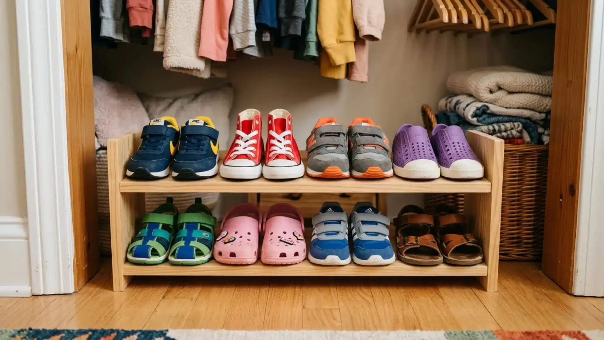 kids shoe rack inside closet with neatly arranged sneakers, sandals, and slip-ons for easy daily access