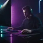 Gamer focused on computer screen with keyboard and mouse in dimly lit room