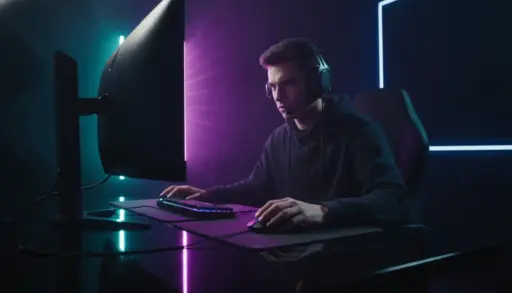Gamer focused on computer screen with keyboard and mouse in dimly lit room