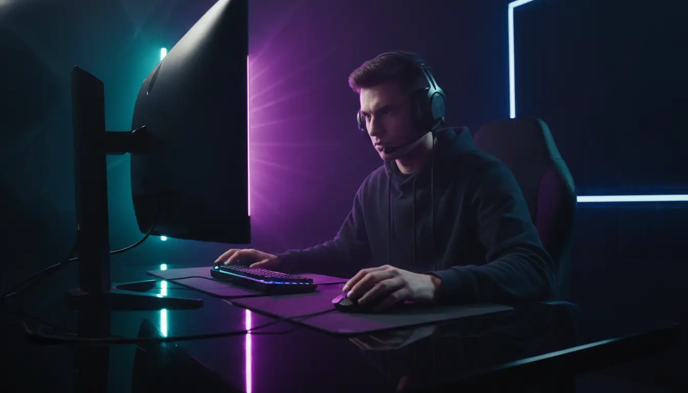 Gamer focused on computer screen with keyboard and mouse in dimly lit room
