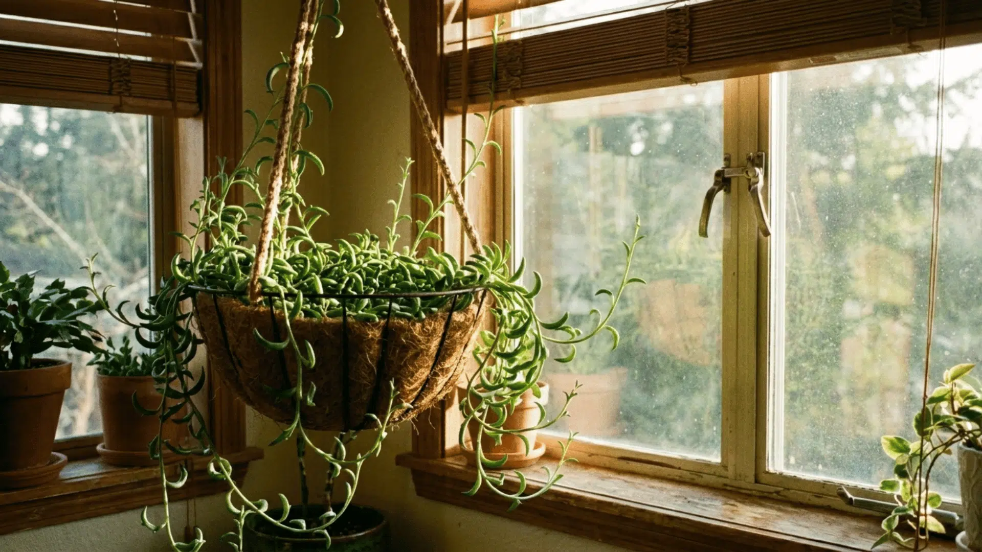 string of bananas in a hanging basket near a window