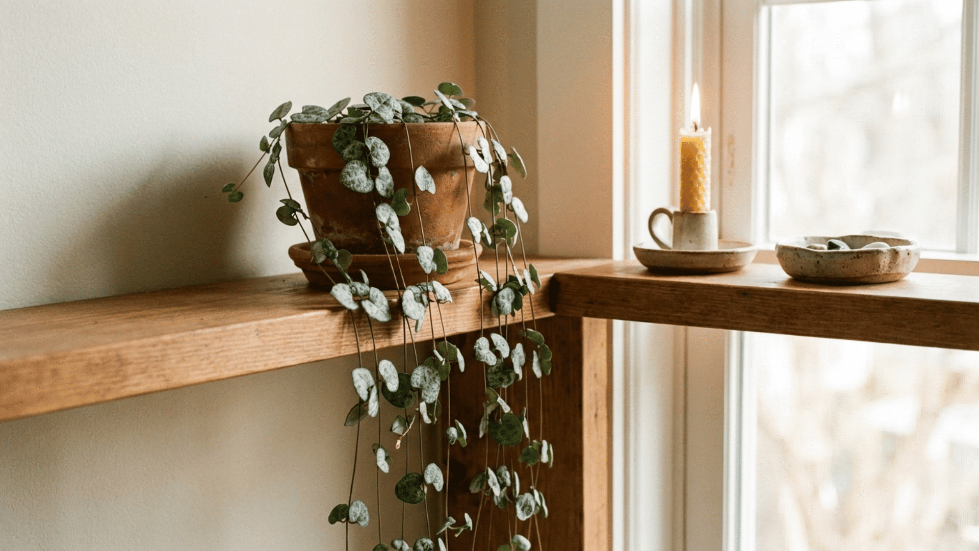 string of hearts draping from a small pot on a high shelf