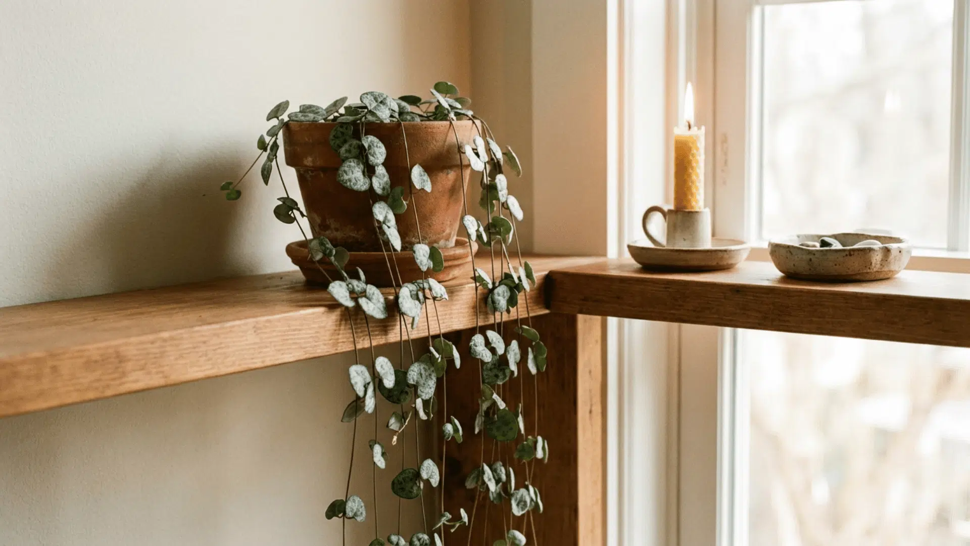 string of hearts draping from a small pot on a high shelf