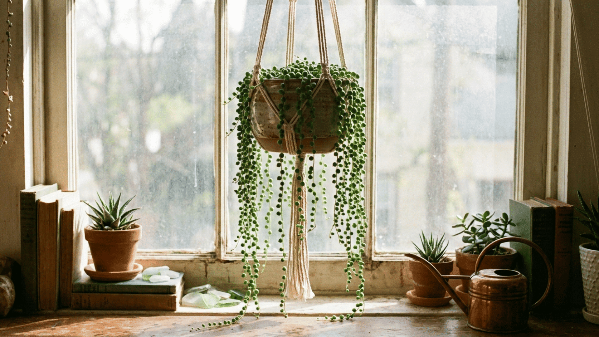 string of pearls in a hanging pot by a bright window