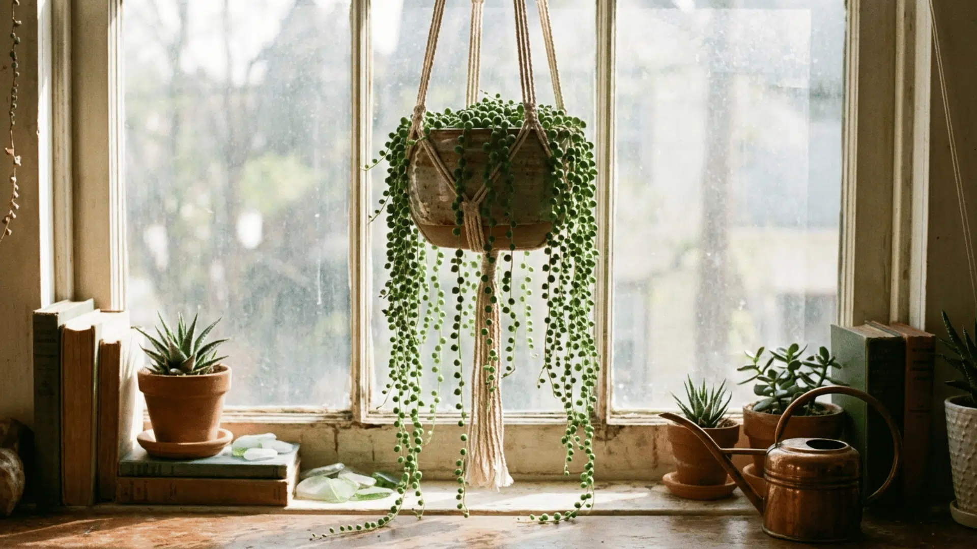 string of pearls in a hanging pot by a bright window