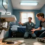 Leaky sink in blue room with two people examining tools from a metal toolbox