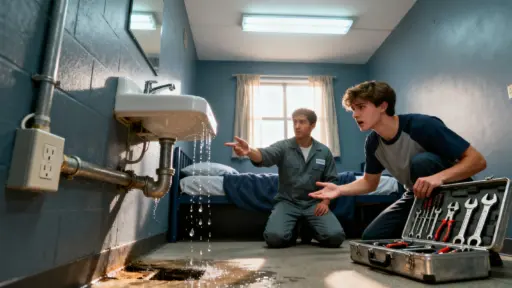 Leaky sink in blue room with two people examining tools from a metal toolbox