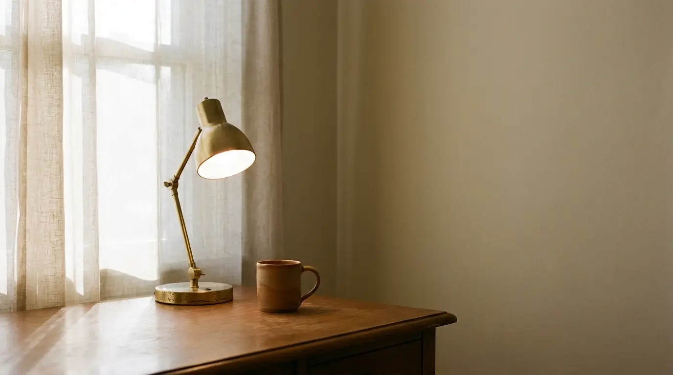 Vintage brass desk lamp and ceramic mug on wooden table by sheer curtains in warm light