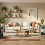 Modern living room with beige sofa, glass coffee table, blue chairs, and potted plants