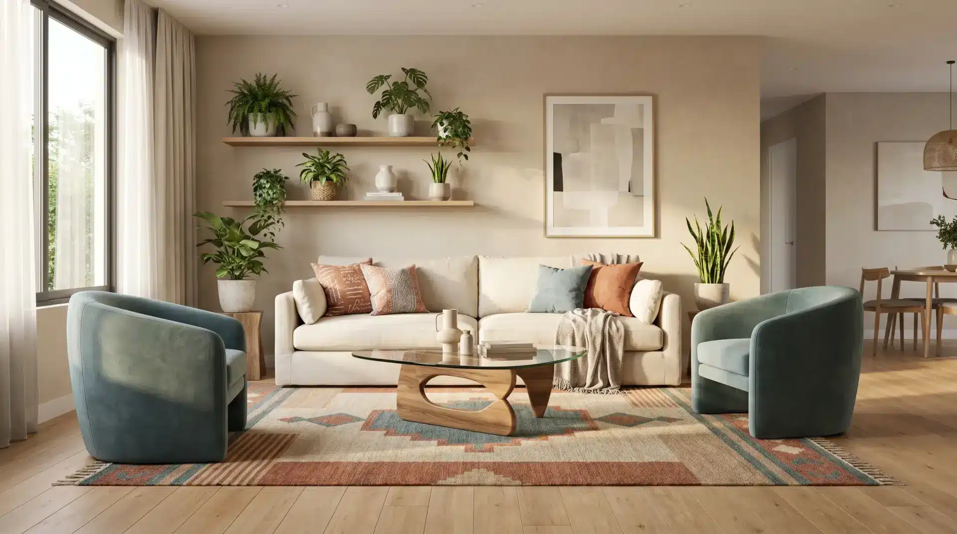 Modern living room with beige sofa, glass coffee table, blue chairs, and potted plants