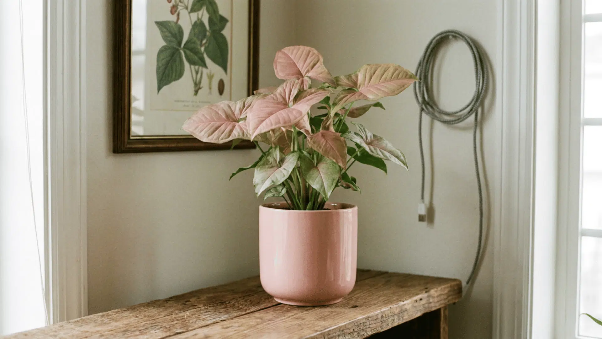 syngonium strawberry with pink and green leaves on a shelf
