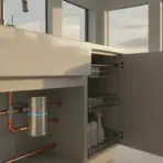 Under-sink water filtration system with open cabinet in a modern kitchen, natural light streaming in