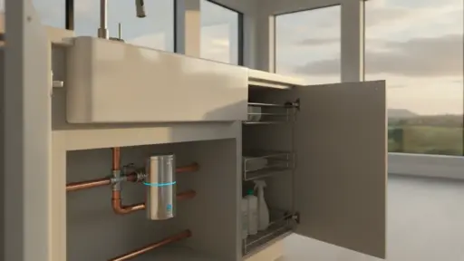 Under-sink water filtration system with open cabinet in a modern kitchen, natural light streaming in