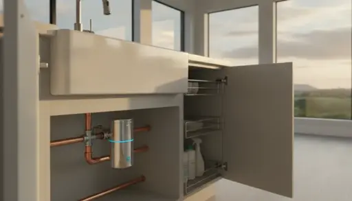 Under-sink water filtration system with open cabinet in a modern kitchen, natural light streaming in