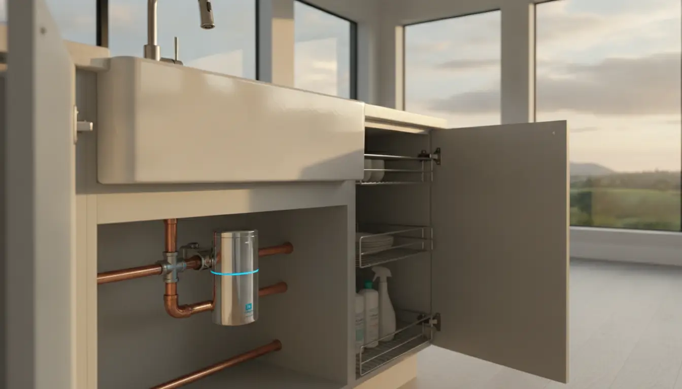 Under-sink water filtration system with open cabinet in a modern kitchen, natural light streaming in
