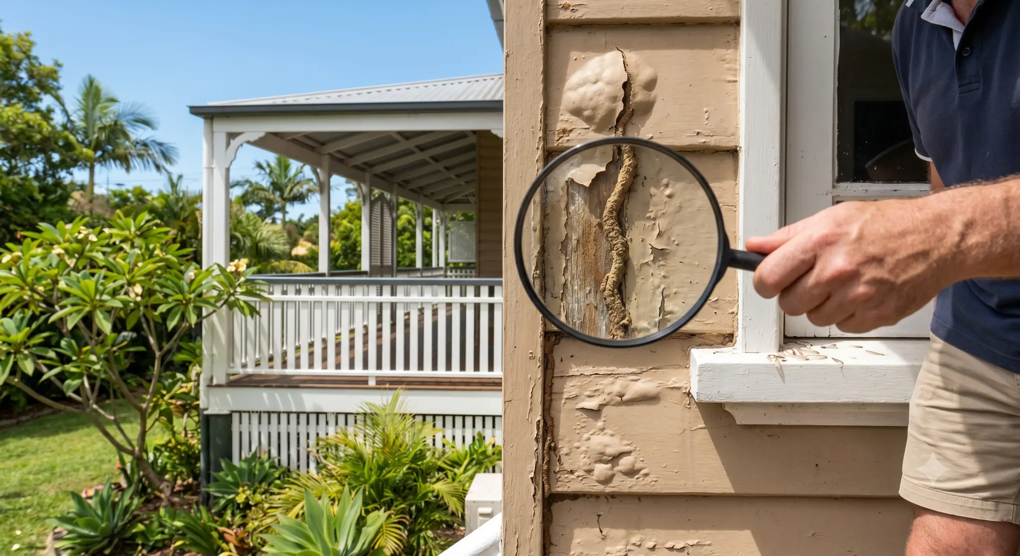 Magnifying glass examining termite damage on exterior house wall near garden pathway