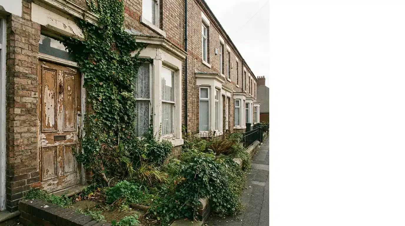 Row of brick terraced houses with overgrown ivy and weathered wooden doors