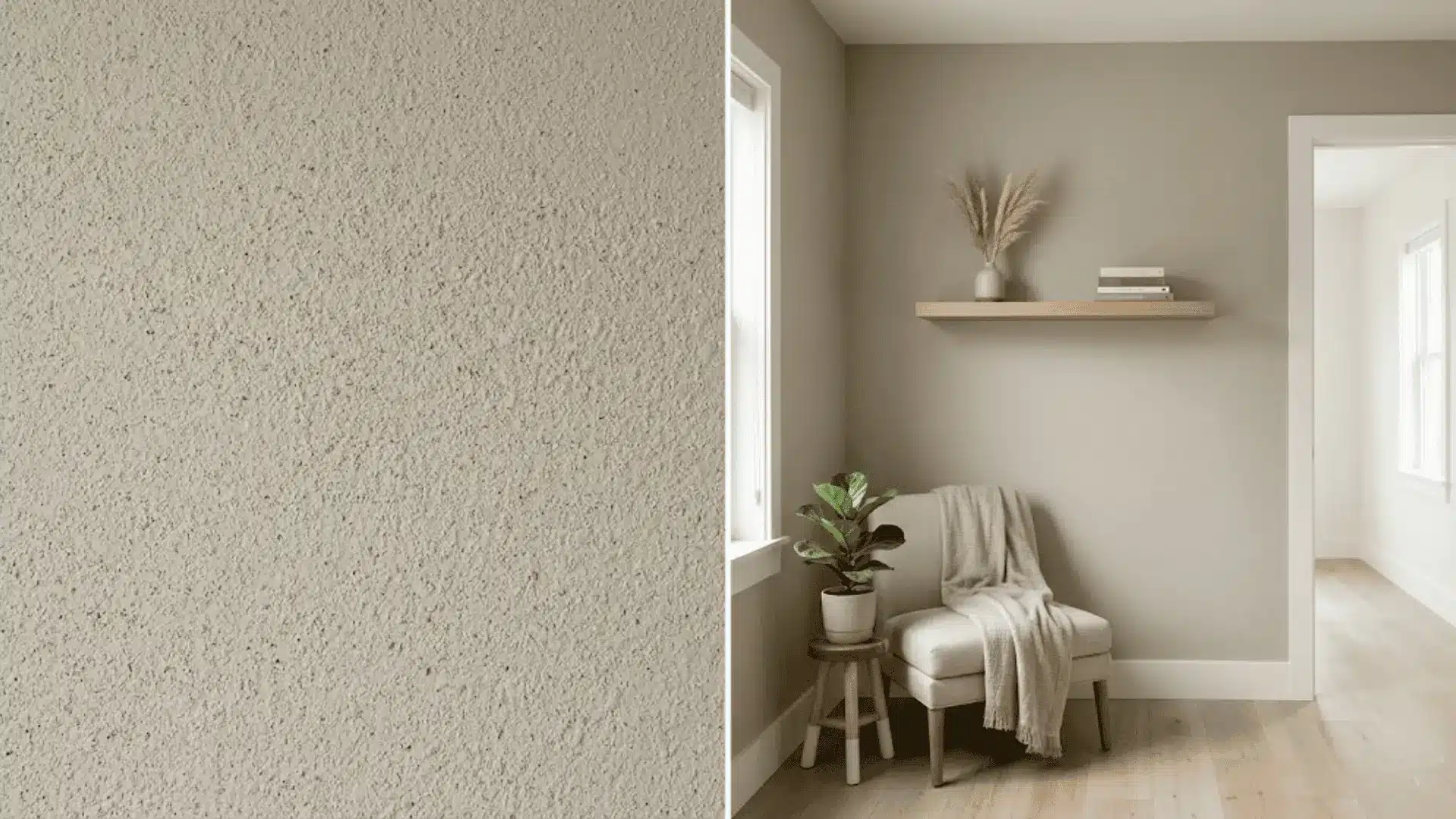 split image of <echighlighted>textured wall paint</echighlighted> finish showing fine sand aggregate close-up and full room application in warm linen tone