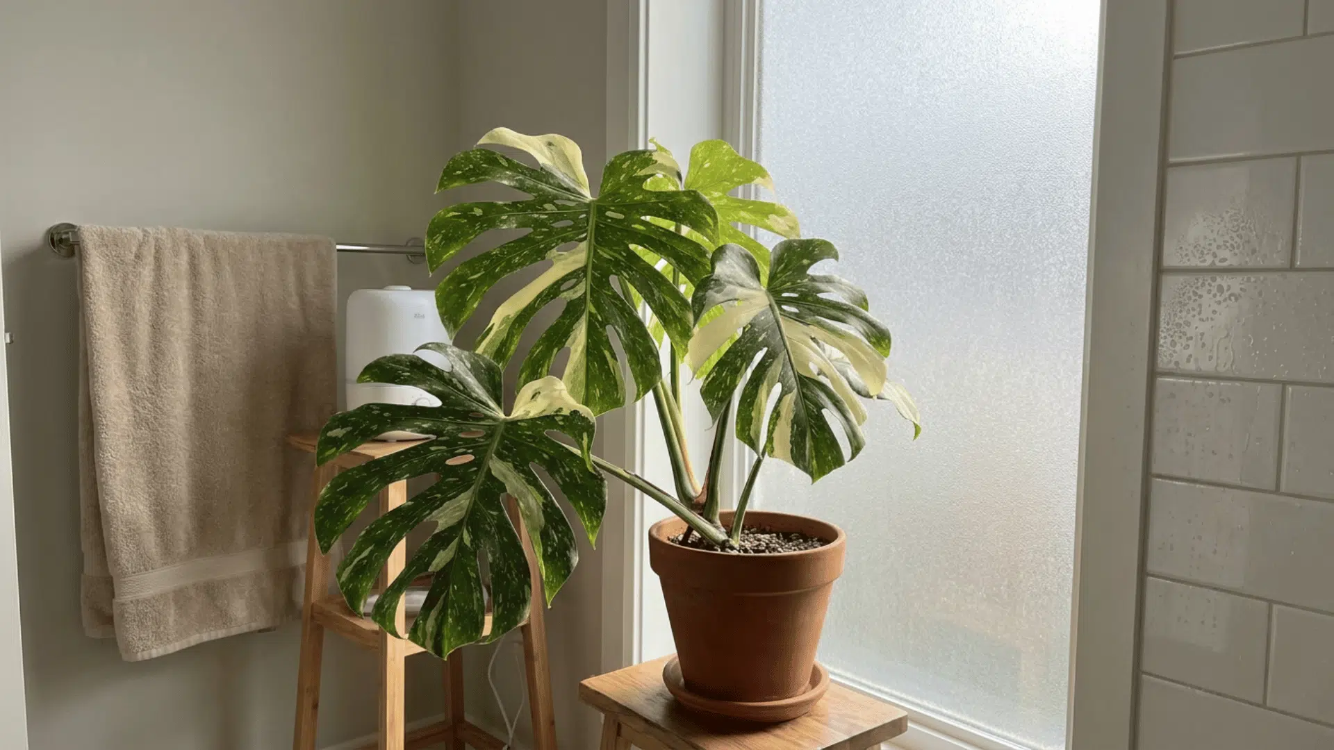 thai constellation monstera with cream variegated leaves in a bathroom