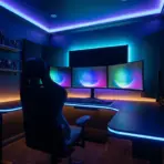 Dark gaming room with curved monitors, ergonomic chair, and colorful LED lighting