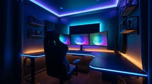 Dark gaming room with curved monitors, ergonomic chair, and colorful LED lighting