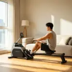 Man exercising on a rowing machine in a bright living room with hardwood floors