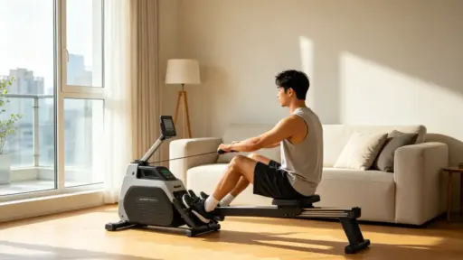 Man exercising on a rowing machine in a bright living room with hardwood floors