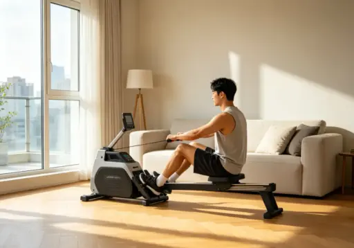 Man exercising on a rowing machine in a bright living room with hardwood floors
